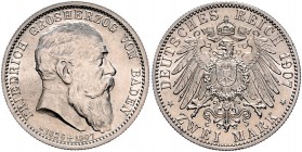 Baden Friedrich I. 1856-1907 2 Mark 1907 (G) auf den Tod des Großherzogs J. 36. 
 st