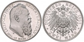 Bayern Prinzregent Luitpold 1886-1912 2 Mark 1911 D Zum 90. Geburtstag und zum 25. Regentschaftsjubiläum J. 48. 
 vz-st aus PP