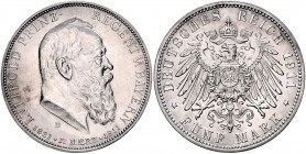 Bayern Prinzregent Luitpold 1886-1912 5 Mark 1911 D Zum 90. Geburtstag und zum 25. Regentschaftsjubiläum J. 50. 
 vz-st