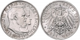 Bayern Ludwig III. 1913-1918 3 Mark 1918 D Auf die Goldene Hochzeit von Ludwig III. und Marie Therese von Bayern J. 54. 
Prachtexemplar! st