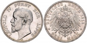 Lippe Leopold IV. 1905-1918 3 Mark 1913 A J. 79. 
rauer Schrötling vz-st