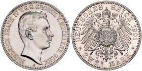Mecklenburg - Schwerin Friedrich Franz IV. 1897-1918 2 Mark 1901 A Zum Regierungsantritt nach erreichter Volljährigkeit J. 85. 
 PP-