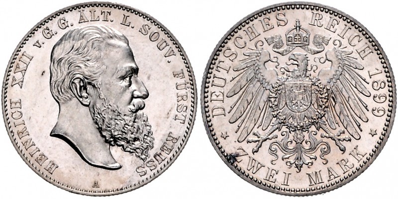 Reuss - Obergreiz Heinrich XXII. 1859-1902 2 Mark 1899 A J. 118. 
Vs: winz.Sf. ...