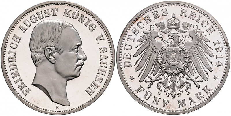 Sachsen Friedrich August III. 1904-1918 5 Mark 1914 E J. 136. 
Prachtexemplar! ...