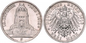 Sachsen Friedrich August III. 1904-1918 3 Mark 1913 E Zur Jahrhundertfeier der Völkerschlacht bei Leipzig J. 140. 
winz.Rf. st