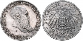 Sachsen - Meiningen Georg II. 1866-1915 5 Mark 1901 D Zum 75. Geburtstag des Herzogs J. 150. 
Patina vz-st