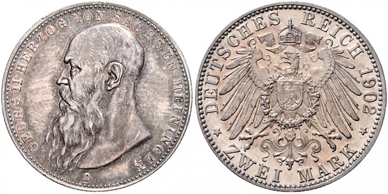 Sachsen - Meiningen Georg II. 1866-1915 2 Mark 1902 D Der Bart berührt den Perlk...