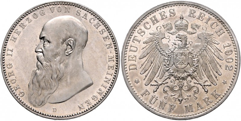 Sachsen - Meiningen Georg II. 1866-1915 5 Mark 1902 D Der Bart ist abgerundet un...