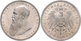 Sachsen - Meiningen Georg II. 1866-1915 5 Mark 1902 D Der Bart ist abgerundet und 1,5 mm vom Perlkreis entfernt J. 153b. 
 vz-/vz-st