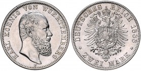 Württemberg Karl I. 1864-1891 2 Mark 1888 F J. 172. 
Prachtexemplar st-