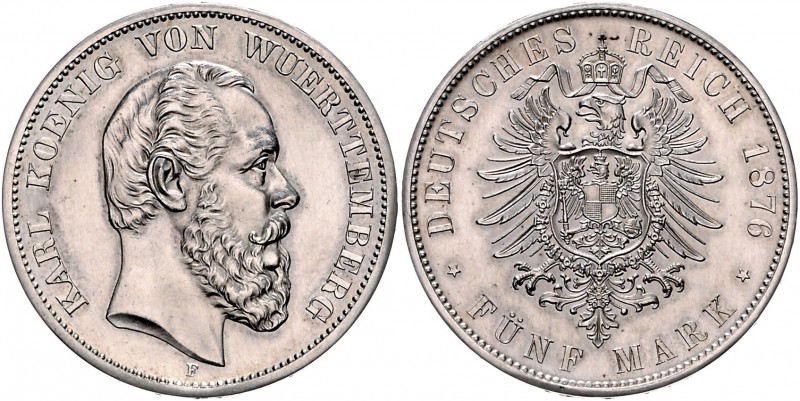 Württemberg Karl I. 1864-1891 5 Mark 1876 F J. 173. 
 f.st
