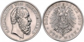 Württemberg Karl I. 1864-1891 5 Mark 1876 F J. 173. 
 f.st