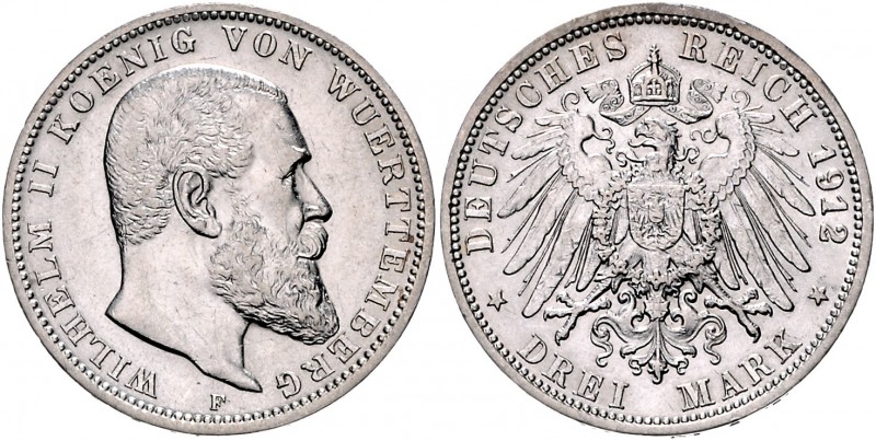 Württemberg Wilhelm II. 1891-1918 3 Mark 1912 F J. 175. 
 vz-st