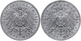 Württemberg Wilhelm II. 1891-1918 3 Mark 1914 /1916 Kopplung zweier Wappenseiten mit verschiedenen Jahreszahlen, geprägt mit 180 Grad Stempeldrehung, ...