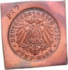 Württemberg Wilhelm II. 1891-1918 5 Mark 1910 F Probe auf viereckiger Kupferklippe, links oben PRO eingestempelt J. zu176. Schaaf 176G3. 
47x47mm 36,...