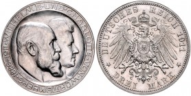 Württemberg Wilhelm II. 1891-1918 3 Mark 1911 F Zur Silbernen Hochzeit. Der Querstrich im H von CHARLOTTE liegt deutlich über der Mitte, die Ziffern 6...
