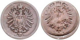 Kaiserreich Kleinmünzen 1 Pfennig o.J. Mzz. D Beidseitig Adler, eine Seite 120 Grad verdreht, dezentriert und incus J. zu 1. Schaaf vgl. Nr.1G3. 
Kup...
