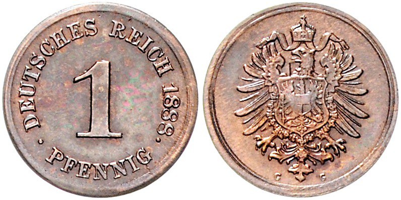 Kaiserreich Kleinmünzen 1 Pfennig 1888 G Rand deutlich geriffelt J. zu 1. Schaaf...