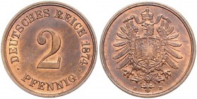 Kaiserreich Kleinmünzen 2 Pfennig 1874 D Rand feinst geriffelt J. zu 2. Schaaf vgl. Nr. 2G2-2G7. 
 vz