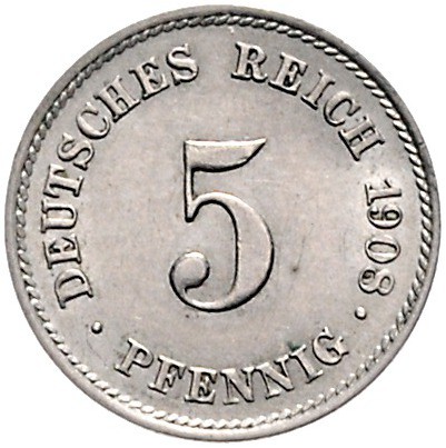 Kaiserreich Kleinmünzen 5 Pfennig 1908 Einseitiger Abschlag der Wertseite, Rücks...