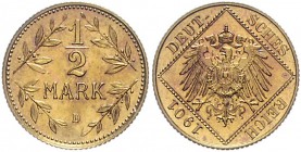 Kaiserreich Kleinmünzen 1/2 Mark 1901 D Motivprobe von A. Börsch: Adler im Quadrat J. zu 16. Schaaf 16G18. 
Messing, 2,3g, sehr selten vz