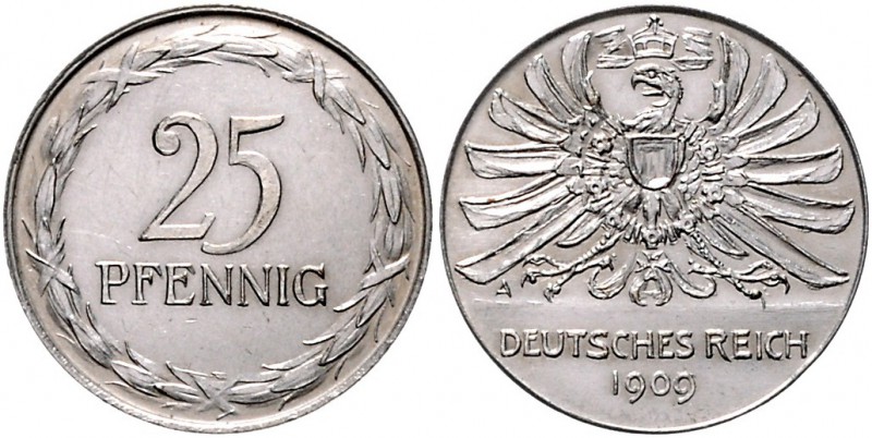 Kaiserreich Kleinmünzen 25 Pfennig 1909 A Motivprobe: Vorder- und Rückseite in a...