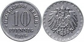 Ersatzmünzen des 1. Weltkrieges 10 Pfennig 1916 ohne Münzzeichen Prägung mit unfertigem Stempel, bei dem das Münzzeichen noch nicht eingesetzt war. J....