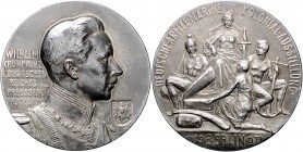 Kolonien Kupfermedaille 1907 versilbert (v. Wolff/Awes) auf die deutsche Armee-, Marine- und Kolonialausstellung in Berlin 
kl.Rf. u. Prüfsp., 60,0mm...