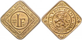 Nebengebiete - Notmünzen der Stadt Gent 1 Franken 1915 vergoldet J. 617. 
 vz