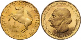 Nebengebiete - Westfalen 1 Billion Mark 1923 Spätere Prägung der Hamburger Münze (2001) in Silber, vergoldet J. zuN28. 
99,6g f.st
