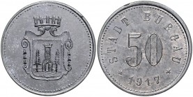 Notgeld Bayern Burgau 50 Pfennig 1917 der Stadt, Zn-Zink, mit glattem Rand, Gesamtauflage (m. glattem u. geriffeltem Rand) 315 Stück Menzel 2225. 5. F...