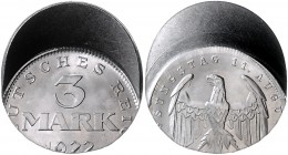 Ersatz- u.Inflationsmünzen 1919-1923 3 Mark 1922 ohne Münzzeichen Fehlprägung: 30% dezentriert und ohne Riffelrand J. zu303. 
 f.st