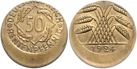 Weimarer Republik 50 Rentenpfennig 1924 ohne Münzzeichen Fehlprägung: 25% dezentriert, mit glattem Rand J. zu310. 
 vz