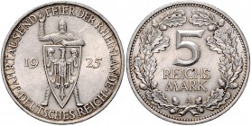 Weimarer Republik 5 Reichsmark 1925 A Zur Jahrtausendfeier der Rheinlande J. 322. 
 vz