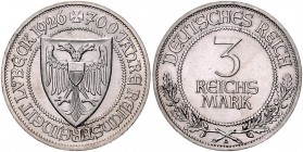 Weimarer Republik 3 Reichsmark 1926 A 700 Jahre Reichsfreiheit Lübeck J. 323. 
 vz-st