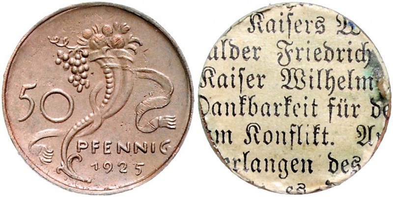 Weimarer Republik 50 Reichspfennig 1925 Einseitige Motivprobe von Karl Goetz, ge...
