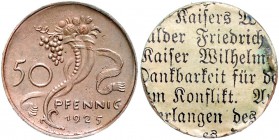 Weimarer Republik 50 Reichspfennig 1925 Einseitige Motivprobe von Karl Goetz, geprägt auf dünnem Kupferblech, rückseitig Papierreste. Ähnliche Exempla...