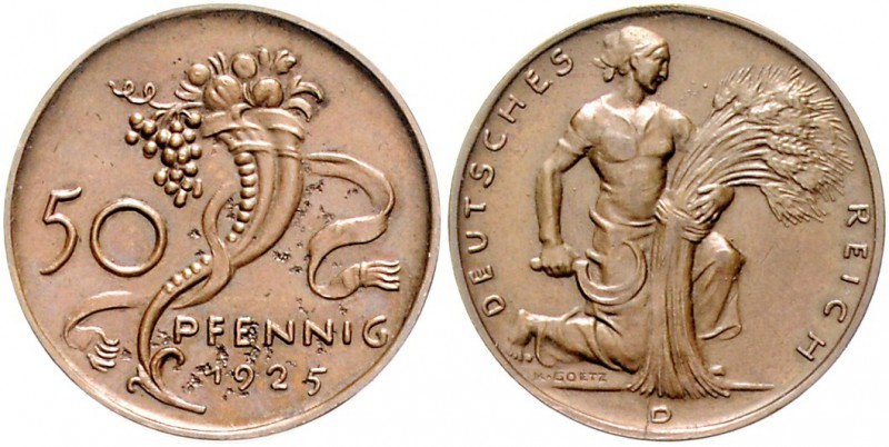 Weimarer Republik 50 Reichspfennig 1925 D Bronze-Probe von Karl Goetz Schaaf vgl...