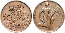 Weimarer Republik 50 Reichspfennig 1925 D Bronze-Probe von Karl Goetz Schaaf vgl. 324G5 (Silber). Kien. vgl. 353a (nur Vs.). Slg. Bö. vgl. 5916 (Gold)...