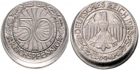 Weimarer Republik 50 Reichspfennig 1928 A Fehlprägung: 15% dezentriert, Rand glatt ohne Riffel. Dezentrierungen kommen bei diesem Typ nur sehr selten ...