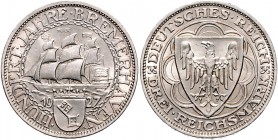 Weimarer Republik 3 Reichsmark 1927 A 100 Jahre Bremerhaven J. 325. 
 vz-st