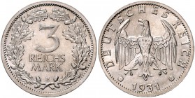 Weimarer Republik 3 Reichsmark 1931 E Kursmünze J. 349. 
 vz