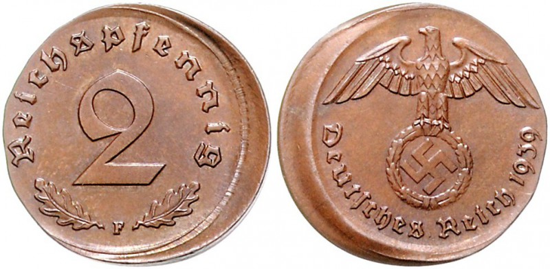Drittes Reich 2 Reichspfennig 1939 F Fehlprägung: 15% dezentriert geprägt J. zu3...