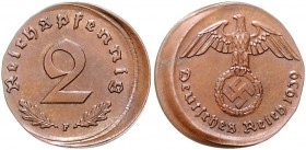 Drittes Reich 2 Reichspfennig 1939 F Fehlprägung: 15% dezentriert geprägt J. zu362. 
 vz