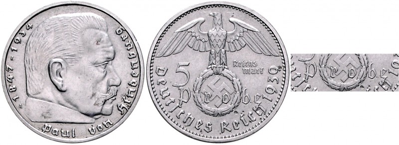 Drittes Reich 5 Reichsmark 1939 A Probeprägung in Chromstahl, ohne Randschrift. ...