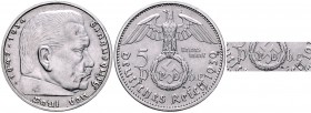 Drittes Reich 5 Reichsmark 1939 A Probeprägung in Chromstahl, ohne Randschrift. Adlerseite mit Schriftzug Probe" J. zu367. Schaaf 367M2. "
13,5g, seh...