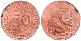 Bundesrepublik Deutschland 50 Pfennig 1972 D Fehlprägung: Auf kupferplattierter Stahlronde bzw. 1 Pfennig Schrötling, stark magnetisch, Randverprägung...