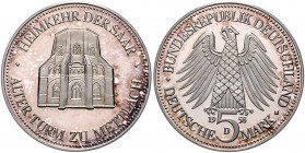 Bundesrepublik Deutschland 5 Deutsche Mark 1958 D Probeprägung Heimkehr zu Saar", alter Turm zu Mettlach, Rs. Bundesadler. Rand mit Punze PROBE J. -. ...