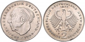 Bundesrepublik Deutschland 2 Deutsche Mark 1977 F Heuss, Dickabschlag mit glattem Rand ohne Randschrift J. zu407. 
8,4g, sehr selten vz