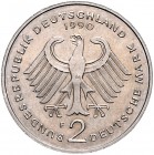 Bundesrepublik Deutschland 2 Deutsche Mark 1990 F einseitiger Abschlag der Adlerseite in Normalgewicht, mit Randschrift J. zu445. 
7,0g vz
